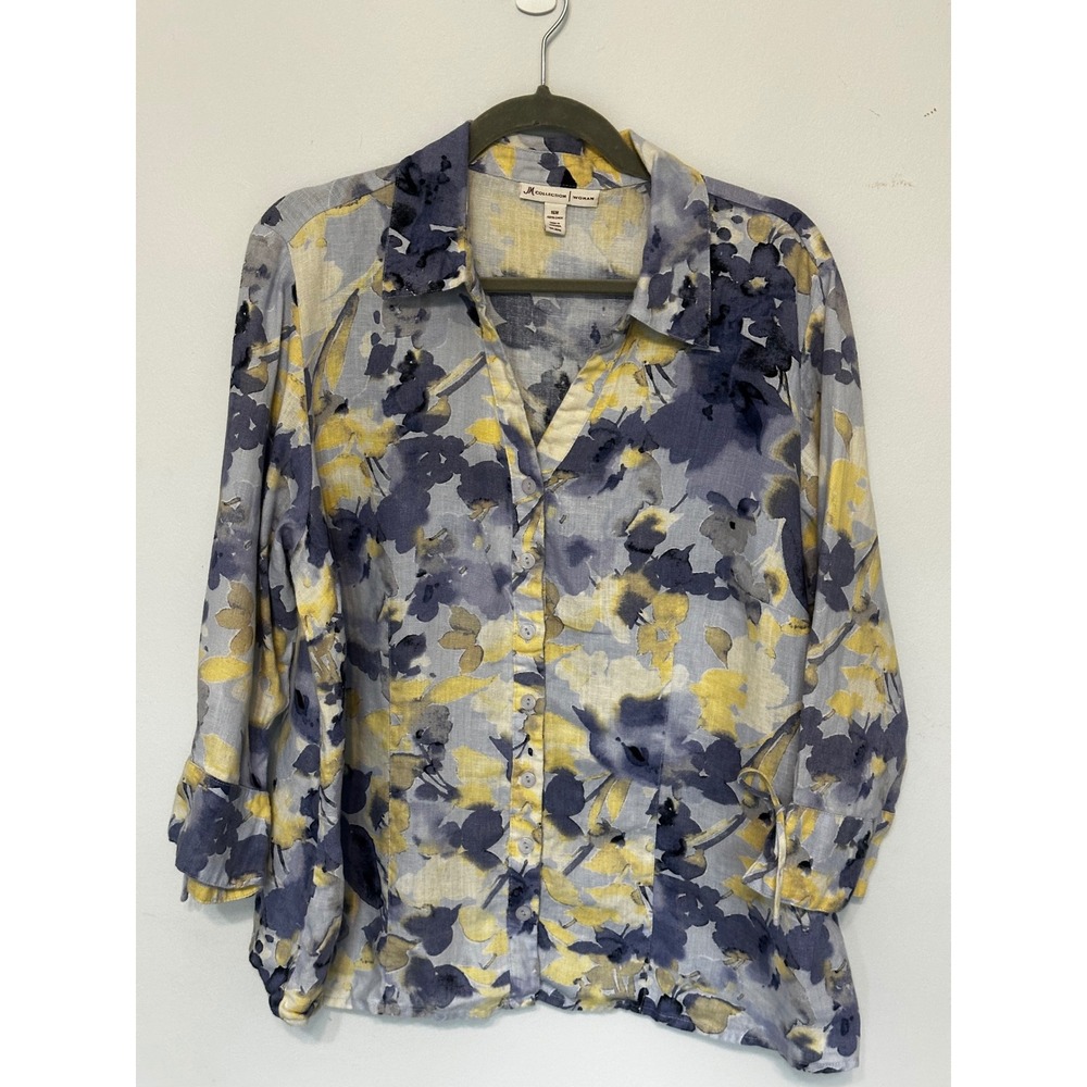 JM Collection Woman 100% Linen Floral Button Down Shirt Blue Yellow 16W